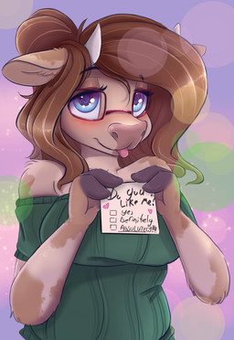 anthro blush breasts brown_hair clothing eyewear female glasses hair heart_eyes heart_symbol horn looking_at_viewer note solo tongue tongue_out ardail mocha_latte_(ardail) bovid bovine cattle mammal 2019 absurd_res hi_res
