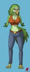 anthro big_breasts bottomwear breasts cleavage clothed clothing denim denim_bottomwear denim_clothing female jeans looking_at_viewer pants pose solo harkrun avian bird parrot hi_res pinup