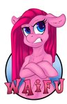 anthro arms_bent arms_in_front blue_eyes circle clenched_teeth crossed_arms equid equine female friendship_is_magic fur hair half-length_portrait hasbro hi_res hobbes_maxwell hoof_hands horse mammal my_little_pony pink_body pink_fur pink_hair pinkamena_(mlp) pinkie_pie_(mlp) pony portrait semi-anthro solo teeth