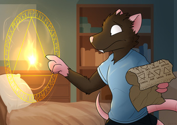 anthro biped bookshelf brown_body brown_fur buckteeth clothed clothing detailed_background fur furniture futhark holding_object inside magic magic_circle male runes scroll shirt solo tail teeth text topwear pankallisti mammal rodent 2021 digital_media_(artwork) english_text hi_res
