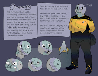 8_eyes anthro biped bottomwear chart clothing eyes_closed footwear furgonomic_pants grey_background hands_behind_back head_only height_chart logo male multi_eye multiple_expressions pants round_head shoes simple_background slightly_chubby solo standing starfleet_uniform tail text topwear uniform worried yellow_clothing yellow_topwear clawheld star_trek gregory_(clawheld) arachnid arthropod spider english_text hi_res model_sheet