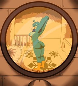 anthro arms_above_head beak bedroom big_breasts big_butt breasts butt casual_nudity female mirror mirror_reflection nest nipples non-mammal_breasts non-mammal_nipples nude nude_female reflection rug side_boob solo stairwell stretching thick_thighs wide_hips sebtoons undertale_yellow martlet_(undertale_yellow) avian bird hi_res monochrome sepia