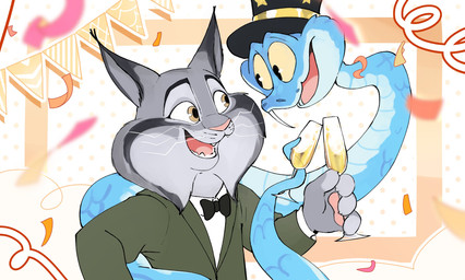alcohol anthro beverage black_bow_tie black_tie_(suit) blue_body blue_scales bow_tie champagne champagne_glass clothed clothing container cup drinking_glass duo ear_tuft fangs feral fur glass glass_container glass_cup green_clothing green_suit grey_body grey_fur hat headgear headwear holidays male scales smile smiling_at_another smiling_at_partner suit teeth tuft whiskers yellow_eyes ottotopus disney new_year new_year_2026 zootopia gary_de'snake pawbert_lynxley canada_lynx felid feline lynx mammal pit_viper reptile scalie snake viper 2026 digital_media_(artwork) hi_res