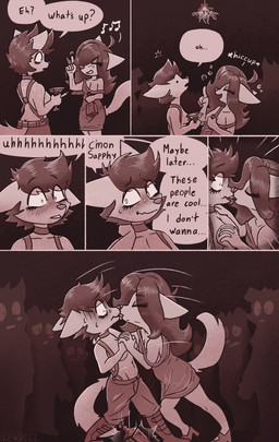 4_panel_comic alcohol anthro beverage biped black_eyes bodily_fluids boots bottle bottomwear breasts bubble cigarette clothed clothing cocktail combat_boots constricted_pupils container crowd dialogue disbelief dress drunk drunk_bubble duo_focus ellipsis embarrassed eye_through_hair eyebrow_through_hair eyebrows eyelashes eyelashes_through_hair eyes_closed female female/female female_anthro footwear french_kissing fur furgonomic_bottomwear furgonomics giggling grin group hair half-closed_eyes hand_holding harness hiccuping high_heels holding_alcohol holding_beverage holding_bottle holding_cigarette holding_container holding_object horrified kissing looking_at_another medium_breasts mistletoe mouth_closed musical_note musical_symbol narrowed_eyes nipple_tape open_mouth pants party pasties plant pupils reluctant rubbing_neck shoes small_breasts small_pupils smile snout speech_bubble substance_intoxication surprised sweat sweatdrop symbol tail tape teeth text topwear translucent translucent_hair trio white_body white_fur white_tail lewdles rubee_(lewdles) sapphira_(lewdles) arctic_fox canid canine fox mammal true_fox 2025 comic english_text hi_res red_theme signature incest_(lore) sibling_(lore) sister_(lore) sisters_(lore)