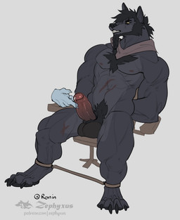 ambiguous_gender anthro balls beard beard_ponytail biped black_body black_fur black_hair disembodied_hand duo erection facial_hair foreskin fur genitals ghost_hand hair humanoid_genitalia humanoid_penis male male/ambiguous male_focus nipples pawpads pecs penis restraints sitting solo_focus spread_legs spreader_bar spreading zephyxus ronin_(innovator_aegis) canid canine canis mammal wolf