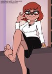 4_toes anthro barefoot clothed clothing eyewear feet female footwear glasses hair humanoid_feet looking_at_viewer one_shoe_on plantigrade red_hair ring shoes soles solo text toes mrchasecomix disney goof_troop sylvia_marpole canid canine canis domestic_dog mammal hi_res url