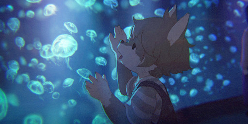 against_surface anthro aquarium clothing kemono male on_glass open_mouth overalls pattern_clothing pattern_shirt pattern_topwear shirt solo striped_clothing striped_shirt striped_topwear stripes topwear vivarium young young_anthro young_male nishiko24 ookami_(nishiko24) aquatic canid canine canis cnidarian jellyfish mammal medusozoan moon_jellyfish wolf 2020 hi_res japanese_description