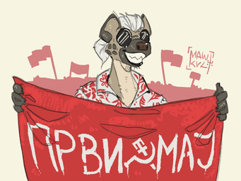 anthro clothing ears_up eyewear glasses group hair holding_object holding_sign looking_forward male marching open_mouth round_glasses shirt sign smile sunglasses sunglasses_on_face teeth teeth_showing topwear wearing_sunglasses white_hair mawkvlt kolya_yeen_(mawkvlt) hyena mammal spotted_hyena 4:3
