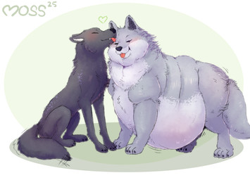 ambiguous/ambiguous ambiguous_gender belly big_belly duo eyes_closed face_lick fat_folds feral fur heart_symbol licking obese obese_feral overweight overweight_feral tongue weight_difference fluffmoss canid canine canis mammal wolf absurd_res hi_res