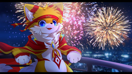 anthro big_eyes black_bars blue_eyes cape clothing cute_fangs fangs fireworks fur kemono kerchief looking_at_viewer male red_cape red_clothing red_kerchief slim_anthro slim_male solo teeth white_body white_fur yellow_body yellow_fur hlg7777 canid canine fox mammal 2021 letterbox