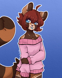 anthro blue_background blue_tongue blush breasts clothing facial_piercing female hair jewelry necklace nose_piercing nose_ring piercing pink_clothing pink_sweater pink_topwear red_hair ring_piercing short_hair simple_background smile solo sweater tail tail_mouth tongue tongue_out topwear unusual_anatomy unusual_tail sammychasity kuma_(sammychasity) ailurid mammal red_panda 2025 4:5 digital_media_(artwork) hi_res