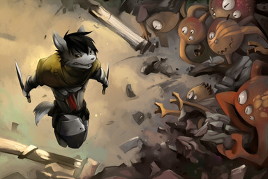 3_eyes ambiguous_gender anthro bird's-eye_view black_hair black_nose black_sclera clenched_teeth clothed clothing dagger dual_wielding fangs fight fully_clothed grimace group hair high-angle_view holding_object holding_weapon jumping knife looking_at_another male melee_weapon military multi_eye no_pupils orange_body pupils reaching reverse_grip rubble ruins slit_pupils smile soldier tail tan_body teeth warrior weapon yellow_eyes vu06 canid canine canis mammal monster waddling_head wolf 3:2