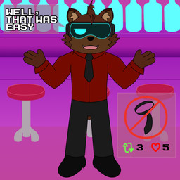 anthro bar bottle bottomwear brown_body brown_fur chair clothed clothing container footwear fur furniture gesture hand_gesture male markings necktie open_mouth pants red_clothing red_shirt red_topwear shirt shoes solo table topwear visor reggie_rakun strip_meme reggie_rakun_(character) mammal procyonid raccoon 1:1 absurd_res hi_res