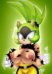 anthro areola big_breasts black_body black_clothing black_fur black_topwear blue_eyes bottomwear bracelet breasts clenched_teeth clothing ear_piercing exploding_clothing eyelashes female fur gloves green_background green_body green_fur handwear huge_breasts jewelry nipples pants piercing pink_areola pink_nipples simple_background solo studded_bracelet studded_jewelry studs tan_body tan_fur teeth topwear torn_clothing torn_topwear wardrobe_malfunction white_clothing white_gloves white_handwear wide_hips yellow_bottomwear yellow_clothing yellow_pants cyrockstar idw_publishing sega sonic_the_hedgehog_(comics) sonic_the_hedgehog_(idw) sonic_the_hedgehog_(series) surge_the_tenrec afrosoricid mammal tenrec absurd_res hi_res