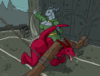 2_horns anthro bdsm bent_over big_breasts bodily_fluids bondage bound breasts butt_slap clothed clothed_female clothing dominant dominant_female duo female female/female fully_clothed green_clothing grey_body grey_sclera horn looking_pleasured mature_female natural_breasts orgasm_face raised_tail red_body restraints slap spanking stocks sweat sweaty_breasts tail tail_grab text three-quarter_view tongue tongue_out vylfgor bethesda_game_studios microsoft mythology skyrim the_elder_scrolls milfnir red_(colarix) dragon mammal mythological_creature mythological_scalie scalie hi_res