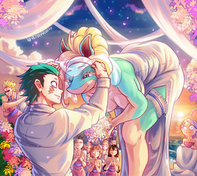 accessory anthro beach bent_over blonde_hair blue_eyes bouquet breasts clothed clothing detailed_background dress duo_focus eye_contact facial_scar female flower flower_bouquet freckled_face freckles garter green_body green_hair group hair larger_female looking_at_another male multicolored_body pale_skin plant romantic romantic_couple scar size_difference smaller_male smile sunset two_tone_body veil wedding wedding_dress wedding_garter wedding_veil vlizz my_hero_academia asui_tsuyu eri_chisaki inko_midoriya ippan_josei izuku_midoriya minoru_mineta momo_yaoyorozu ochaco_uraraka todoroki_shouto toshinori_yagi canid canine fox human mammal quirked_human_(my_hero_academia) 2024 absurd_res description_request digital_media_(artwork) hi_res spanish_description