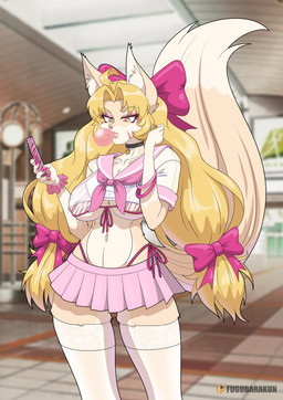 accessory anthro bangs big_breasts bikini biped blonde_hair bottomwear bow_ribbon breasts bubble_gum cellphone clothed clothing electronics eyelashes eyeshadow female fluffy fluffy_tail hair hair_accessory hair_bow hair_ribbon holding_cellphone holding_object holding_phone inside legwear long_eyelashes makeup navel panties phone pink_bottomwear pink_clothing pink_eyeshadow pink_skirt pupils ribbons school_uniform side-tie_bikini side-tie_panties skirt soft_abs solo string_bikini swimwear tail thigh_highs thong_straps topwear two-piece_swimsuit underwear uniform white_clothing white_legwear white_thigh_highs fugubarakun canid canine mammal absurd_res hi_res