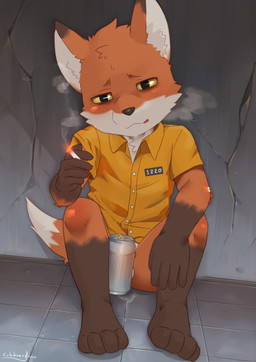 5_fingers anthro balls barely_visible_balls barely_visible_genitalia beverage_can biped bodily_fluids bottomless bottomless_anthro bottomless_male cigarette clothed clothing countershade_face countershade_fur countershading cum dipstick_ears dipstick_tail ear_markings fingers fur genital_fluids genitals inner_ear_fluff male markings multicolored_ears shirt shirt_only shota solo tail tail_markings topwear topwear_only tuft young young_anthro young_male cubboard back_to_the_dawn metal_head_games thomas_(bttd) canid canine fox mammal absurd_res hi_res