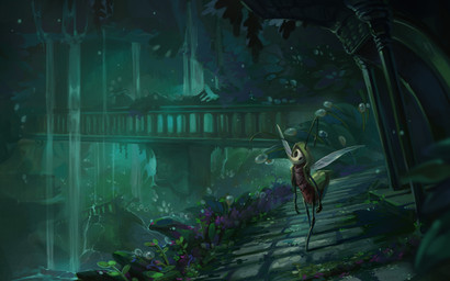 ambiguous_gender antennae_(anatomy) anthro arthropod_abdomen biped black_arms black_legs bridge building detailed_background fingers outside plant solo walking water wings ritikin hollow_knight_(franchise) team_cherry arthropod 2024 absurd_res hi_res painting_(artwork)