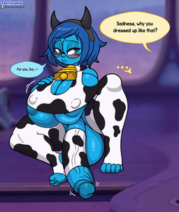 animal_print animal_print_thigh_highs anthro areola areola_slip balls big_balls big_breasts big_penis blue_body blue_hair blue_skin bottomless bottomless_gynomorph bottomless_humanoid bottomless_intersex breasts cleavage clothed clothed_gynomorph clothed_humanoid clothing cock_warmer collar cow_print cow_print_thigh_highs cowbell cowbell_collar dialogue eyewear fake_horns feet genitals glans glasses gynomorph gynomorph_humanoid hair huge_balls huge_breasts huge_penis intersex intersex_humanoid legwear nipple_outline offscreen_character pattern_clothing pattern_legwear pattern_thigh_highs penis penis_clothing round_glasses solo text thick_thighs thigh_highs wearing_glasses thetyrant disney inside_out pixar sadness_(inside_out) emotion_(inside_out) humanoid 2026 absurd_res english_text hi_res
