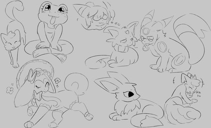 ambiguous_gender anthro blep clothed clothing female feral fur group one_eye_closed smile tongue tongue_out wink bloowolfy nintendo pokemon amphibian domestic_cat eevee eeveelution espeon felid feline felis frog generation_1_pokemon generation_2_pokemon generation_6_pokemon mammal pokemon_(species) sylveon umbreon vulpix greyscale hi_res monochrome sketch sketch_page