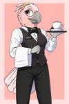 bartender beverage bottomwear clothing coffee coffee_cup container cup dress_shirt female holding_object jewelry necklace pants shirt topwear uniform vest waiter waiter_suit waiter_tray fish_birb jenny_(fish_birb) avian bird cockatoo major_mitchell's_cockatoo parrot 2:3 absurd_res hi_res