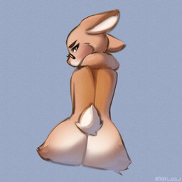 anthro biped blush butt female fur looking_at_viewer nude nude_anthro nude_female rear_view simple_background sitting solo tail lentilghost lagomorph leporid mammal rabbit 1:1 2026 digital_drawing_(artwork) digital_media_(artwork) hi_res