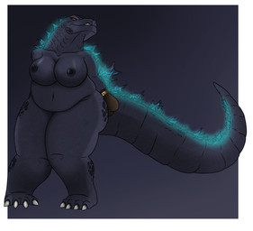 angry anthro arms_tied bagged big_breasts bound breasts female glowing hands_behind_back nipples non-mammal_breasts non-mammal_nipples nude overweight overweight_female rope snarling solo spikes teeth thick_thighs lovemummification godzilla_(series) toho godzilla kaiju reptile scalie hi_res