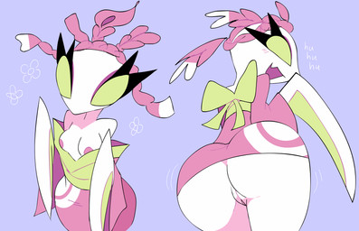 anthro asian_clothing breasts butt clothing east_asian_clothing eyelashes female genitals green_eyes japanese_clothing kimono long_eyelashes looking_at_viewer looking_back looking_back_at_viewer nipples no_pupils presenting presenting_hindquarters solo vulva bonesawbingus deltarune undertale_(series) mantis_(deltarune) arthropod darkner flower_mantis insect mantis orchid_mantis hi_res