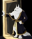 anthro bathrobe bathrobe_only clothed clothing door fluffy light looking_at_viewer male muscular muscular_anthro muscular_male neck_tuft partially_clothed robe smile solo standing tuft riseson illumination_entertainment sing_(movie) jimmy_crystal canid canine canis mammal wolf hi_res