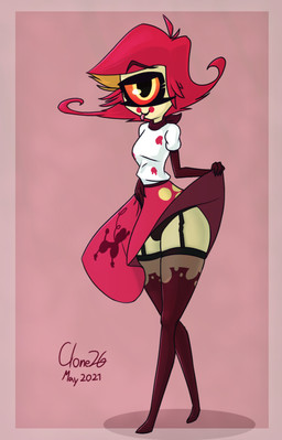 1_eye bottomwear clothed clothing clothing_lift female garter_straps hair legwear not_furry panties red_hair skirt skirt_lift solo stockings thigh_highs tongue tongue_out underwear upskirt yellow_body yellow_skin clone26 hazbin_hotel hellaverse niffty_(hazbin_hotel) cyclops demon humanoid hi_res