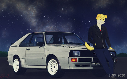 anthro biped black_clothing black_jacket black_topwear bottomwear car clothed clothing footwear fur grey_clothing grey_footwear grey_shoes jacket leaning leaning_backward leather leather_clothing leather_jacket leather_topwear male night outside pants poster red_clothing red_shirt red_topwear retro shirt shoes sky smile solo star text topwear vehicle wheel year yellow_body yellow_fur commanderthings audi audi_quattro volkswagen_group bird_dog canid canine canis domestic_dog golden_retriever hunting_dog mammal retriever 2020 absurd_res dated digital_media_(artwork) english_text hi_res huge_filesize