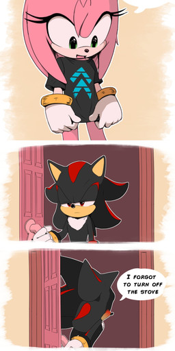anthro blush clothing dialogue duo female fur hair male male/female pink_body pink_fur pink_hair shirt t-shirt text three_frame_image topwear chocomilkamy sega sonic_the_hedgehog_(series) amy_rose shadow_the_hedgehog eulipotyphlan hedgehog mammal absurd_res comic english_text hi_res
