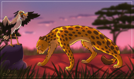 acacia_tree age_difference angry black_body black_feathers blue_eyes blurred_background countershading cross-popping_vein duo embarrassed feathers female feral frown fur half-closed_eyes looking_down markings narrowed_eyes older_female open_mouth orange_body orange_fur raised_wings savanna scolding spots spotted_body spotted_markings standing_on_rock sunset white_body white_feathers wings yelling younger_female kinkypeach disney the_lion_king fan_character kaelani_(tlk) sefu_(tlk) accipitriform avian bird cheetah felid feline mammal secretary_bird hi_res adult_(lore)