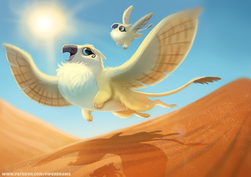 age_difference ambiguous_gender blue_eyes desert dunes duo feathered_wings feathers feral flying fur open_mouth outside sand shadow size_difference sky sun text white_body white_feathers white_fur wings yellow_body yellow_feathers yellow_fur young piper_thibodeau mythology accipitrid accipitriform avian bird chimera eagle felid gryphon lion mammal mythological_avian mythological_creature pantherine digital_media_(artwork) digital_painting_(artwork) painting_(artwork) url