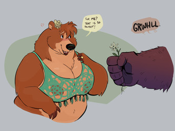 accessory anthro belly bra claws clothing female finger_claws flower flower_in_hair giving_flower hair hair_accessory offscreen_male overweight overweight_anthro overweight_female plant romantic simple_background solo underwear dramamine willona bear mammal hi_res