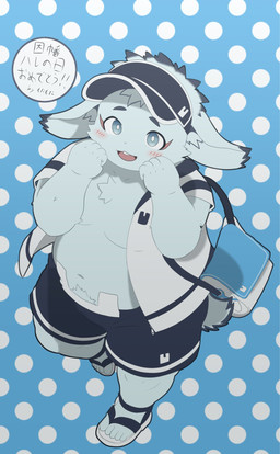 anthro belly blue_body blue_eyes blue_fur blush bottomwear clothing fur hat headgear headwear long_ears male navel shorts slightly_chubby smile solo standing text visor_cap young young_anthro young_male monimonidevil tamacolle inaba_(tamacolle) lagomorph leporid mammal rabbit hi_res japanese_text