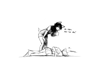 anthro blood bodily_fluids boxers_(clothing) clothed clothing dialogue hunched_over lying lying_on_ground male on_ground on_side text topless topless_anthro topless_male underwear worried hladilnik family_guy_death_pose carol_(hladilnik) daniel_(hladilnik) canid canine canis domestic_dog mammal spirit wolf 2025 black_and_white comic english_text hi_res meme monochrome sketch