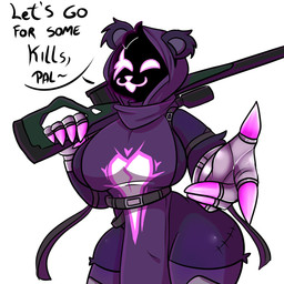 5_fingers :3 anthro bangs belt_buckle big_breasts biped breasts buckle claws clothed clothing dialogue ear_tuft facial_scar female female_anthro fingers front_view fur glistening_thighs gloves handwear happy heart_symbol holding_sniper_rifle hood leg_tuft looking_at_viewer open_mouth open_smile purple_body purple_fur scar side_boob simple_background skimpy smile smiling_at_viewer solo speech_bubble straps surgical_suture talking_to_viewer text thick_thighs thigh_tuft tuft wide_hipped_anthro wide_hipped_female stainforeverart epic_games fortnite raven_team_leader bear mammal 1:1 2025 colored digital_drawing_(artwork) digital_media_(artwork) english_text hi_res portrait shaded three-quarter_portrait