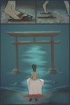 beach brown_hair clothing feet female floating footwear hair night sandals shoes shrine shrine_maiden solo torii_gate undressing water peregr1ne ghibli spirited_away chihiro_ogino human mammal 2:3 comic hi_res