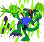 anthro burst_bomb clothed clothing dreadlocks eyewear goggles gun holding_gun holding_object holding_ranged_weapon holding_weapon laugh male messy open_mouth ranged_weapon simple_background smile solo splattershot text tongue water_balloon weapon x231_(artist) nintendo splatoon modo_tu_(character) reptile scalie 2015 digital_media_(artwork) english_text hi_res