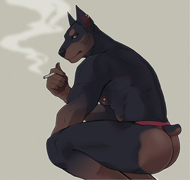 anthro black_sclera butt cigarette clothed clothing crouching ear_piercing furgonomics holding_cigarette holding_object looking_at_viewer male muscular muscular_anthro muscular_male nipple_piercing nipples pecs piercing pose side_view simple_background smoke smoking solo thong underwear underwear_only whireds canid canine canis dobermann domestic_dog mammal pinscher 2023 absurd_res digital_media_(artwork) hi_res pinup