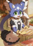 anthro baking bell blush choker clothed clothing cookie cooking crossdressing cute_fangs fangs femboy fluffy food fur gloves green_eyes handwear holding_object inner_ear_fluff jewelry jingle_bell kemono kitchen legwear looking_at_viewer maid_uniform male male_anthro necklace open_mouth purple_body purple_fur solo tail teeth thigh_highs tongue tuft uniform white_body white_fur young young_anthro young_male arcadius0505 felid feline mammal 2023 digital_media_(artwork) hi_res