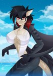 anthro beach big_breasts black_hair blue_background breasts claws clothed clothing cloud costume female hair looking_at_viewer pose red_eyes red_hair sea seaside simple_background smile solo swimwear tail water wet wet_body wet_clothing wings chenannanm mythology drops dragon mammal mythological_creature mythological_scalie scalie absurd_res hi_res pinup