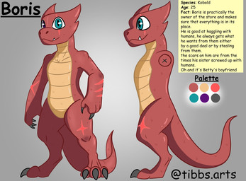 anthro blue_eyes eye_scar facial_scar heterochromia male purple_eyes red_body scar solo tail text tibbs boris_(tibbs) kobold scalie english_text hi_res model_sheet