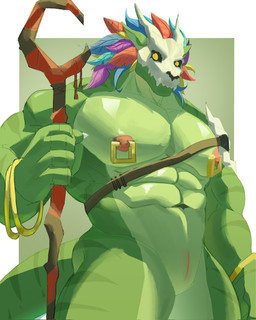 5_fingers abs animal_genitalia anthro big_muscles big_pecs bone bone_mask bracelet feathered_headdress fingers genital_slit genitals green_body holding_object holding_staff jewelry leather leather_strap male mask mostly_nude muscular muscular_anthro muscular_male navel necklace nipple_piercing nipple_ring nipples obliques pecs pendant piercing ring_piercing serratus skull skull_accessory skull_mask solo staff straps tail tribal yellow_eyes wiltbergerfeis1 terraria witch_doctor_(terraria) lihzahrd lizard reptile scalie 2026 digital_media_(artwork) hi_res portrait three-quarter_portrait