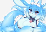 anthro apron big_breasts big_ears blue_body blue_bow blue_eyes blue_hair blue_horn blue_ribbon blue_slime blush bottomless breast_focus breasts clothed clothing female female_anthro fingers gradient_eyes hair heart_symbol horn kemono lace looking_at_viewer maid_headdress multicolored_eyes neck_bow neck_ribbon partially_clothed paws pink_eyes short_stack simple_background slime smile solo tail thick_thighs white_apron white_clothing white_headdress horokusa0519 slime-chan goo_creature mammal digital_media_(artwork) hi_res