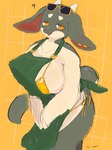 anthro apron big_breasts bikini bikini_bottom bikini_top breasts circle_eyebrows clothing curved_tail ear_piercing ear_ring eyebrows eyewear eyewear_on_head female floppy_ears gold_bikini green_apron green_clothing grey_body half-closed_eyes hands_together horn huge_breasts kemono looking_at_viewer multicolored_body narrowed_eyes non-mammal_breasts open_mouth orange_eyes pattern_background piercing pupils question_mark ring_piercing side_boob simple_background slit_pupils snout solo sunglasses sunglasses_on_head swimwear tail tan_body thick_tail thick_thighs three-quarter_view two-piece_swimsuit two_tone_body wide_hips sme4 golden_week mythology latte_(sme4) dragon mythological_creature mythological_scalie scalie 2025 3:4 colored_sketch hi_res japanese_description portrait sketch three-quarter_portrait watermark