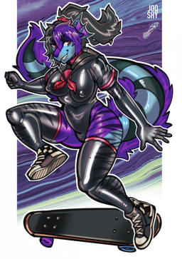 anthro black_body black_clothing black_hair black_latex black_legwear black_thigh_highs blue_body breasts clothing female footwear frill_(anatomy) fur fur_ridge hair head_crest head_frill latex latex_clothing latex_legwear latex_leotard latex_thigh_highs legwear leotard multicolored_body multicolored_hair nipple_outline pink_eyes ponytail purple_body purple_fur purple_hair shoes skateboard solo thigh_highs two_tone_hair vehicle jooshy mythology exenthal aquatic dragon fish hybrid mythological_creature mythological_scalie scalie shark 2025 hi_res