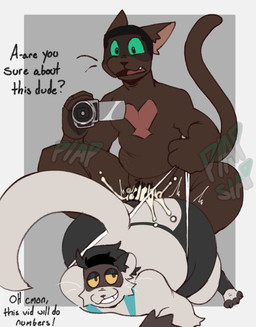 all_fours anthro big_butt black_hair bodily_fluids butt camera clothing clothing_pull cum cum_in_ass cum_inside cum_on_butt dialogue doggystyle duo from_behind_position front_view genital_fluids genitals green_sclera hair male male/male penis plap recording sex simple_background snaggle_tooth stretch_marks stuttering text underwear underwear_pull video_camera knightferret knight_(knightferret) lashawn_(chaosdraws) domestic_cat domestic_ferret felid feline felis mammal mustelid musteline true_musteline weasel 2025 colored digital_media_(artwork) english_text hi_res nonbinary_(lore)